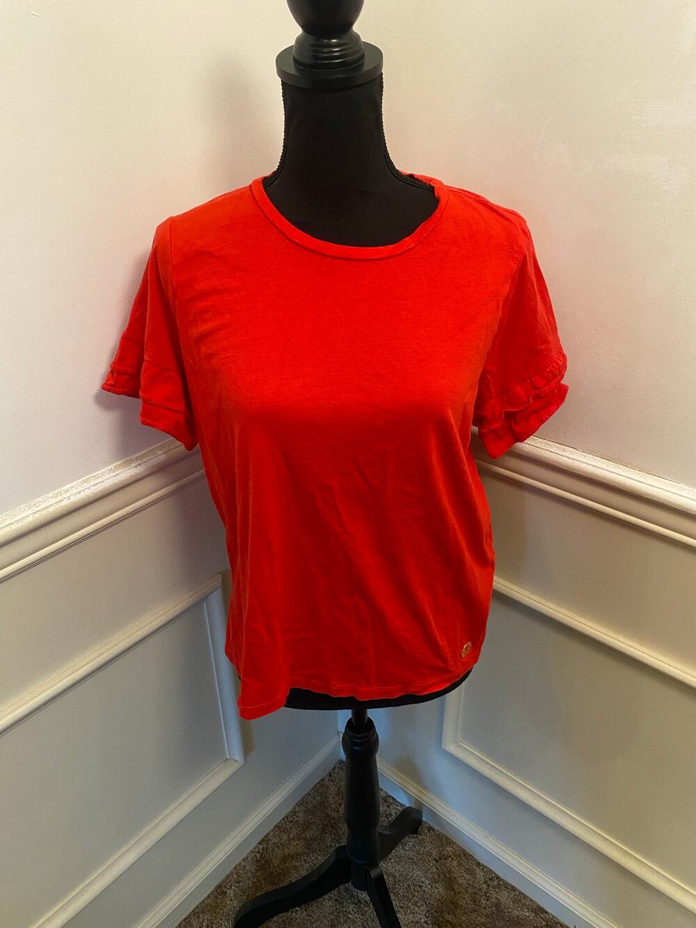 Michael Kors Red Orange Classic Basic Tee with Lettuce Ruffle Sleeve